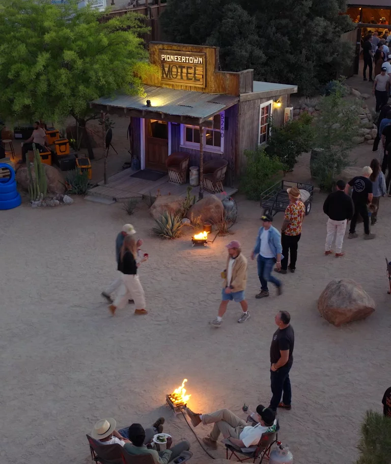 Birdseye view of attendees hanging out in Pioneertown
