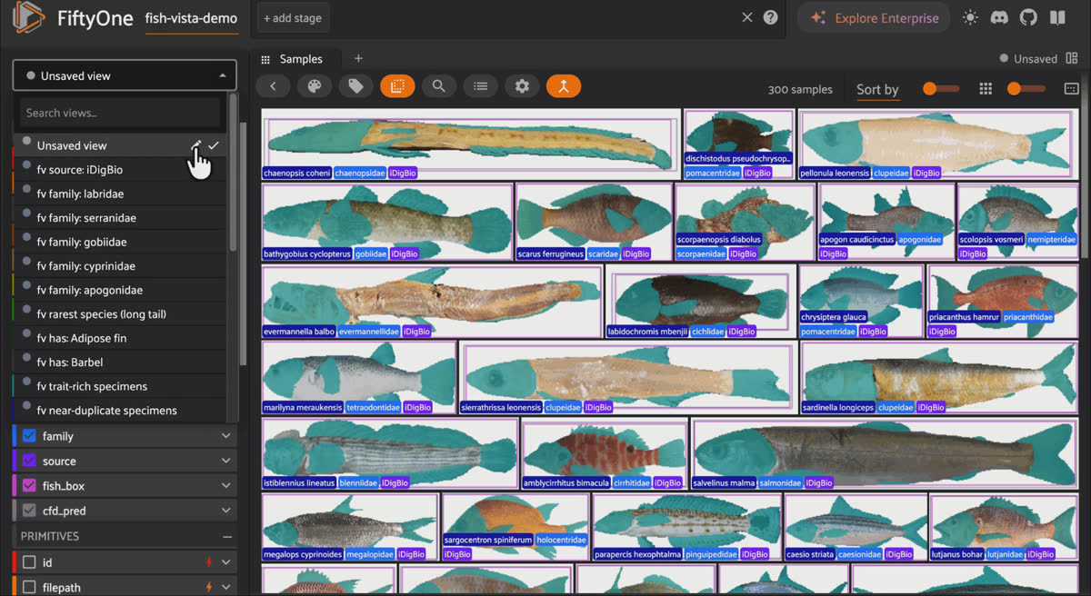 FiftyOne app showing Fish-Vista specimens with the trait_mask label toggled on in the sidebar