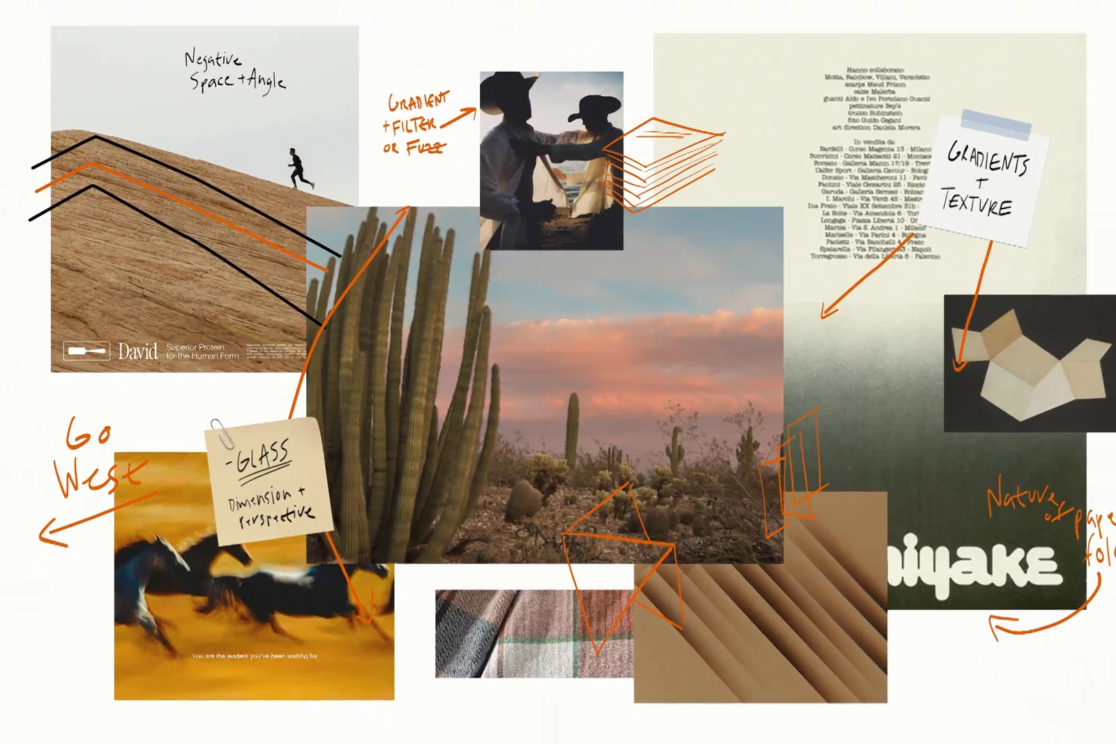 Swipes from our original moodboard for Tennr conveying the sense of Western motifs, cowboy-core, and a sunset-drenched frontier spirit.