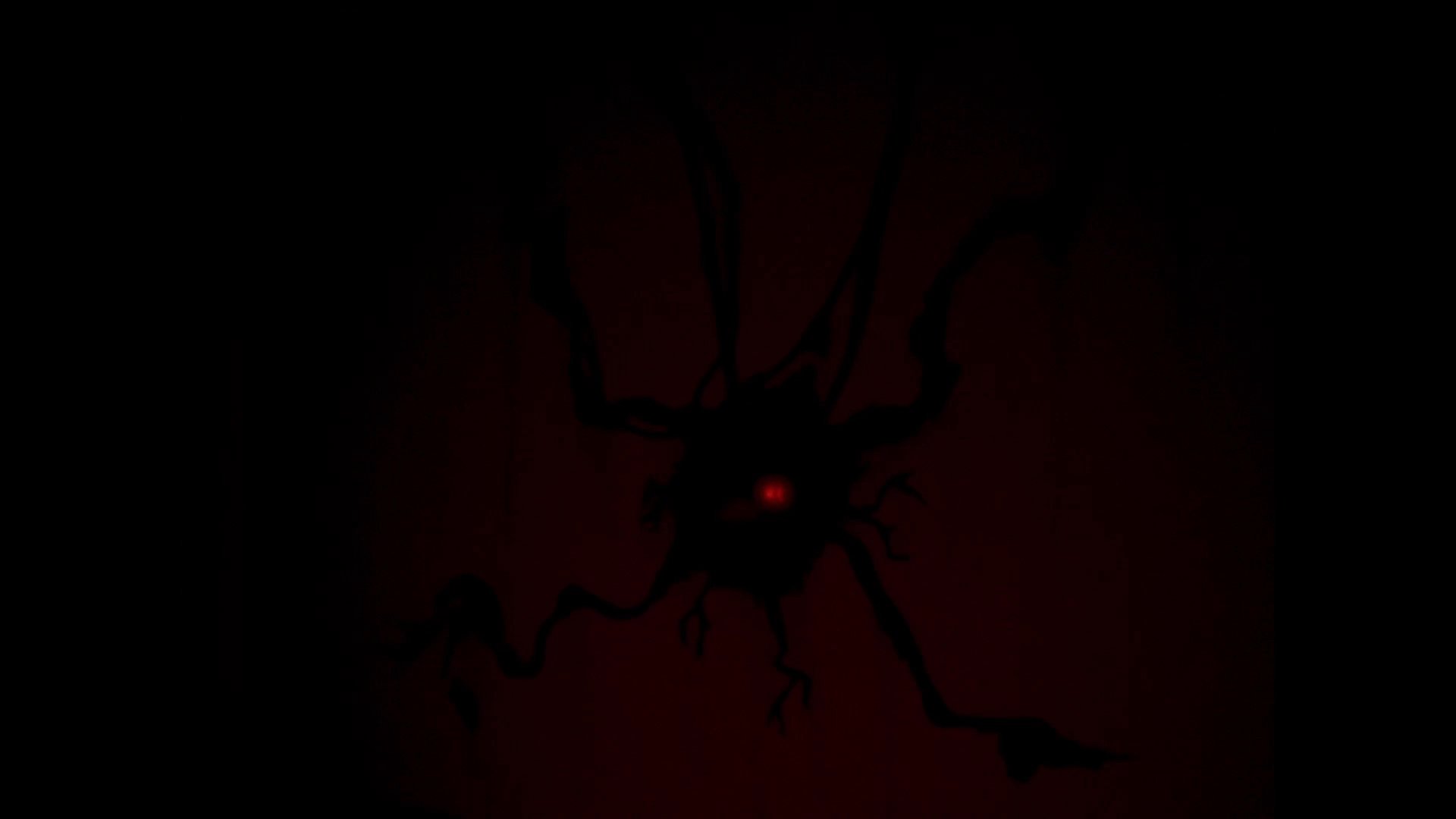 A teenager expresses intense fear while observing a pulsing, glowing eye embedded in a dark wall covered by vine-like structures. The scene transitions between close-ups of the subject's distressed expression and the ominous, luminous entity.