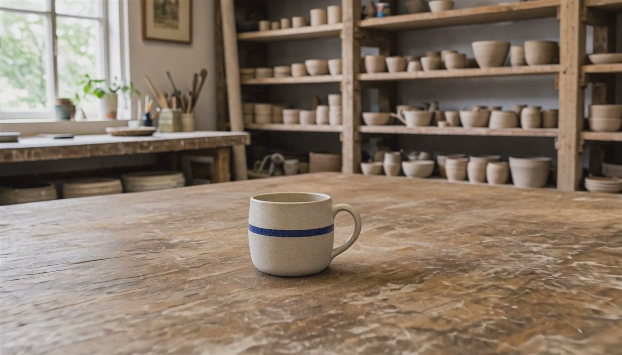 A push-in that ends on a framing chosen in advance — a stoneware mug with a cobalt blue stripe on a workbench in a pottery studio