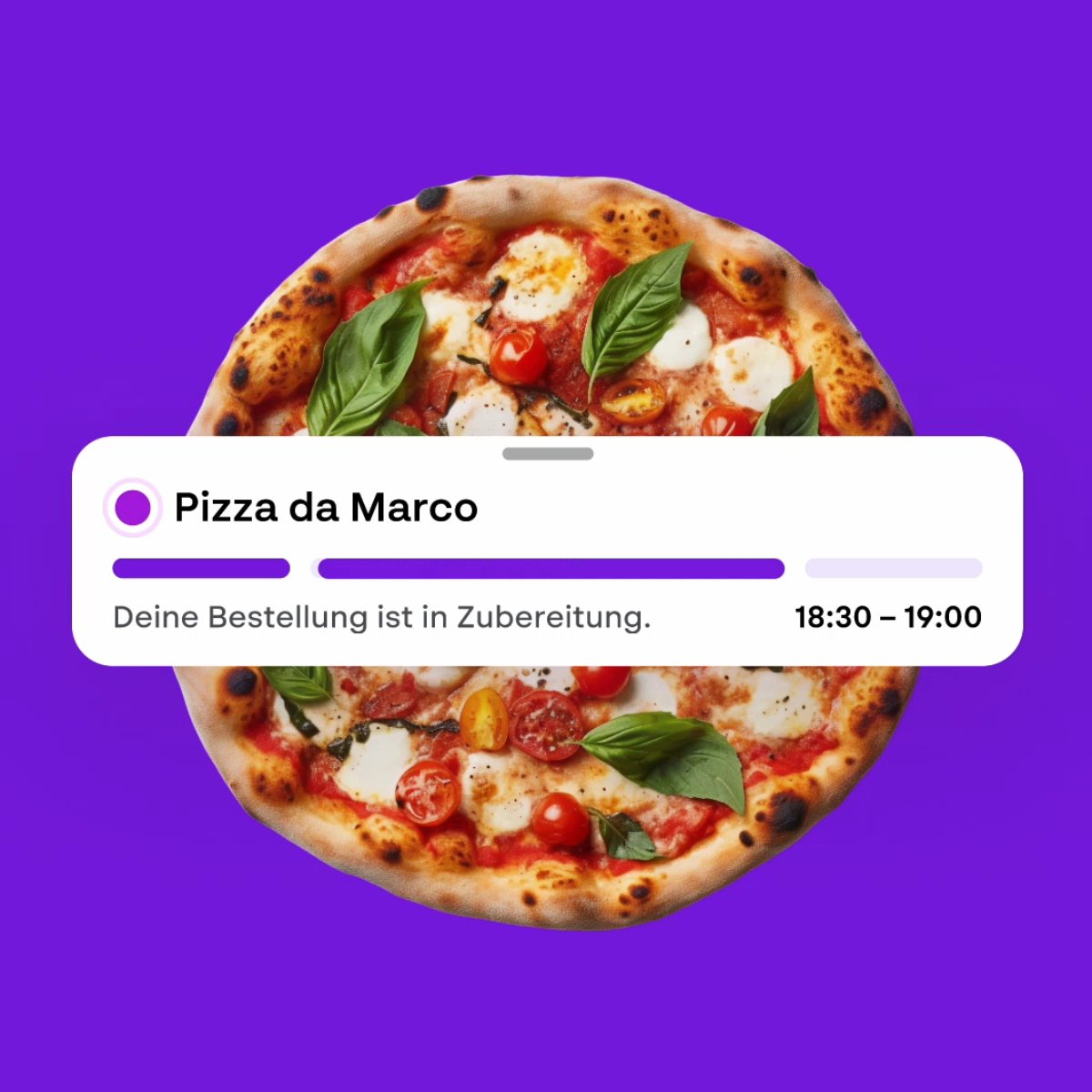 FoodNow App order confirmation with estimated delivery time, displayed on a purple background with a pizza.