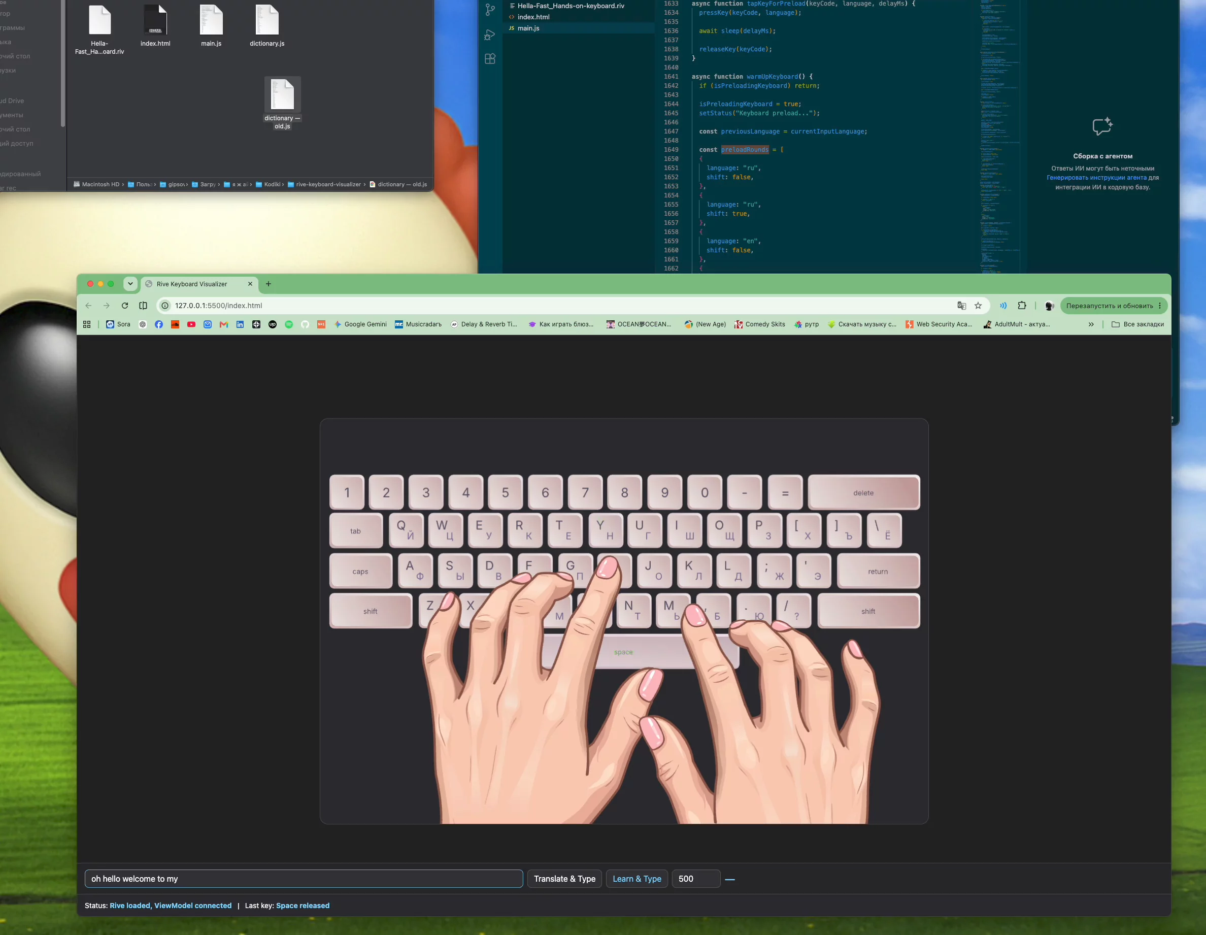 Feels like I'm on LinkedIn here, haha! Funny how this is the place where I actually want to post random cool stuff from my web work.Right now I'm having fun building a keyboard visualization in Rive. And once I started, I couldn't stop. So far I've added a typing tutor and a translator. Now I'm sitting here wondering — what else could actually be useful to add?Btw, the nail polish color and the key/glow shades are all easily tweakable via code (that's the magic of Rive :)) Also thinking about adding custom skin uploads, or maybe unlocking skins as achievements.Basically, I'm out of ideas at this point. Would be awesome if you could throw some solid suggestions my way — I'll actually build them :))