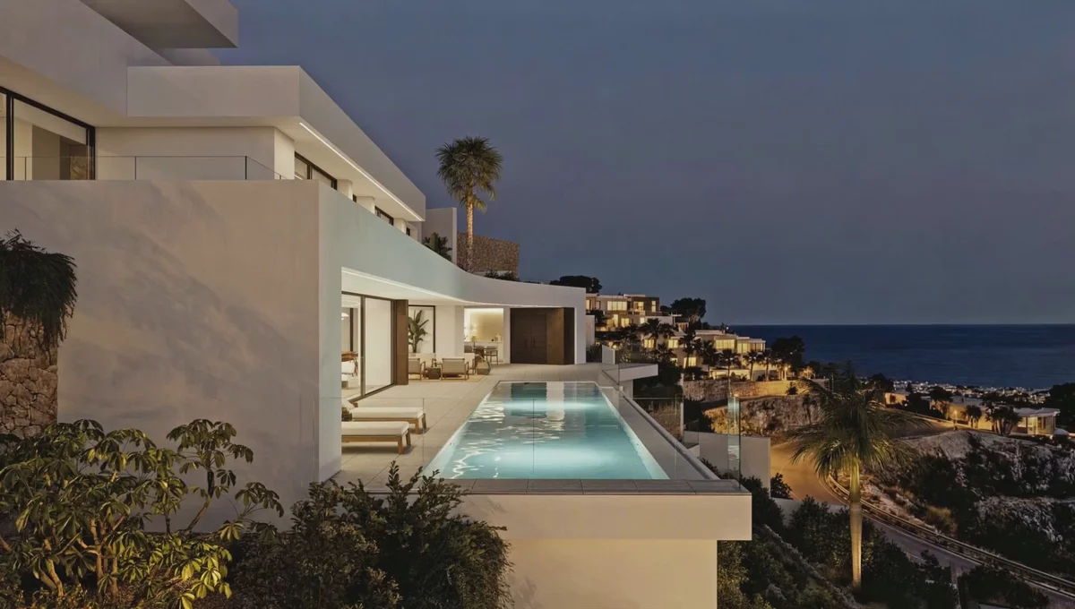 Villa Alora animated at dusk, moving along the lap pool and glass-walled living levels
