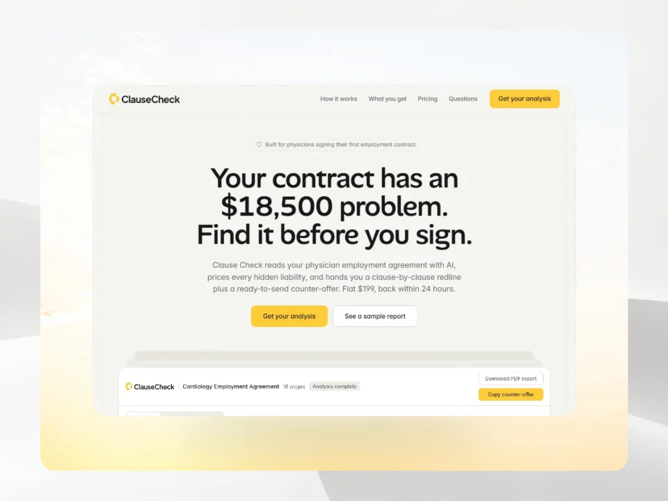 Been working on ClauseCheck for a while.Finally finished it and made it free to remix.Built for AI SaaS, LegalTech and contract review.https://clausecheck.framer.ai/