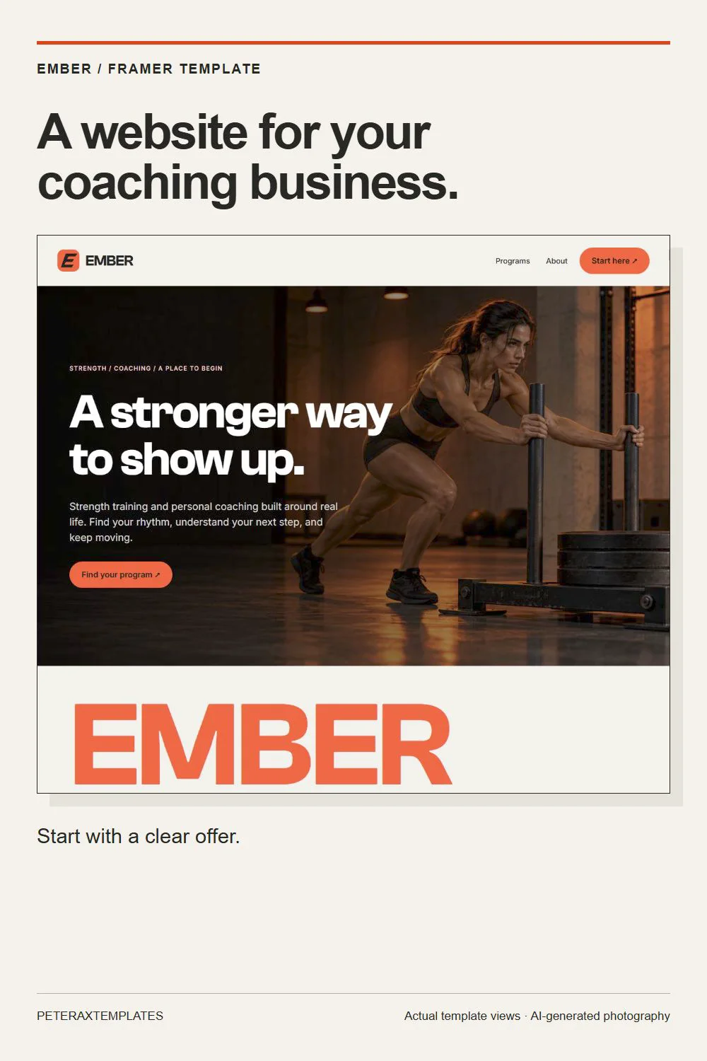 How can a coaching website make program choice clearer?In EMBER Method, the overview lets visitors compare strength training, personal coaching and online coaching. Each option then has its own page, with room to explain the approach before the contact action.This walkthrough shows the actual Framer template and its phone layout. The eight pages are editable; the contact action opens an email draft. Training photos are AI-generated demonstration assets.What would you need to see before choosing a coaching program?Try the live demo: https://fine-directions-701113.framer.app/?utm_source=framer_community&amp;utm_medium=organic&amp;utm_campaign=product_walkthroughs_oct2026&amp;utm_content=ember-fitnessTo adapt these pages for your own coaching business, find EMBER Method in the Templates tab on our Framer profile.