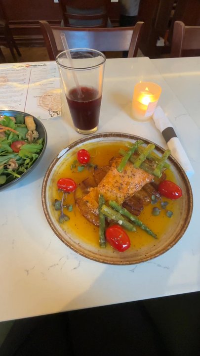 Fusionista - Salmon maracuya w/ plátano maduros & asparagus paired with a mixed green salad - Peruvian Near Me - Montclair, New Jersey
