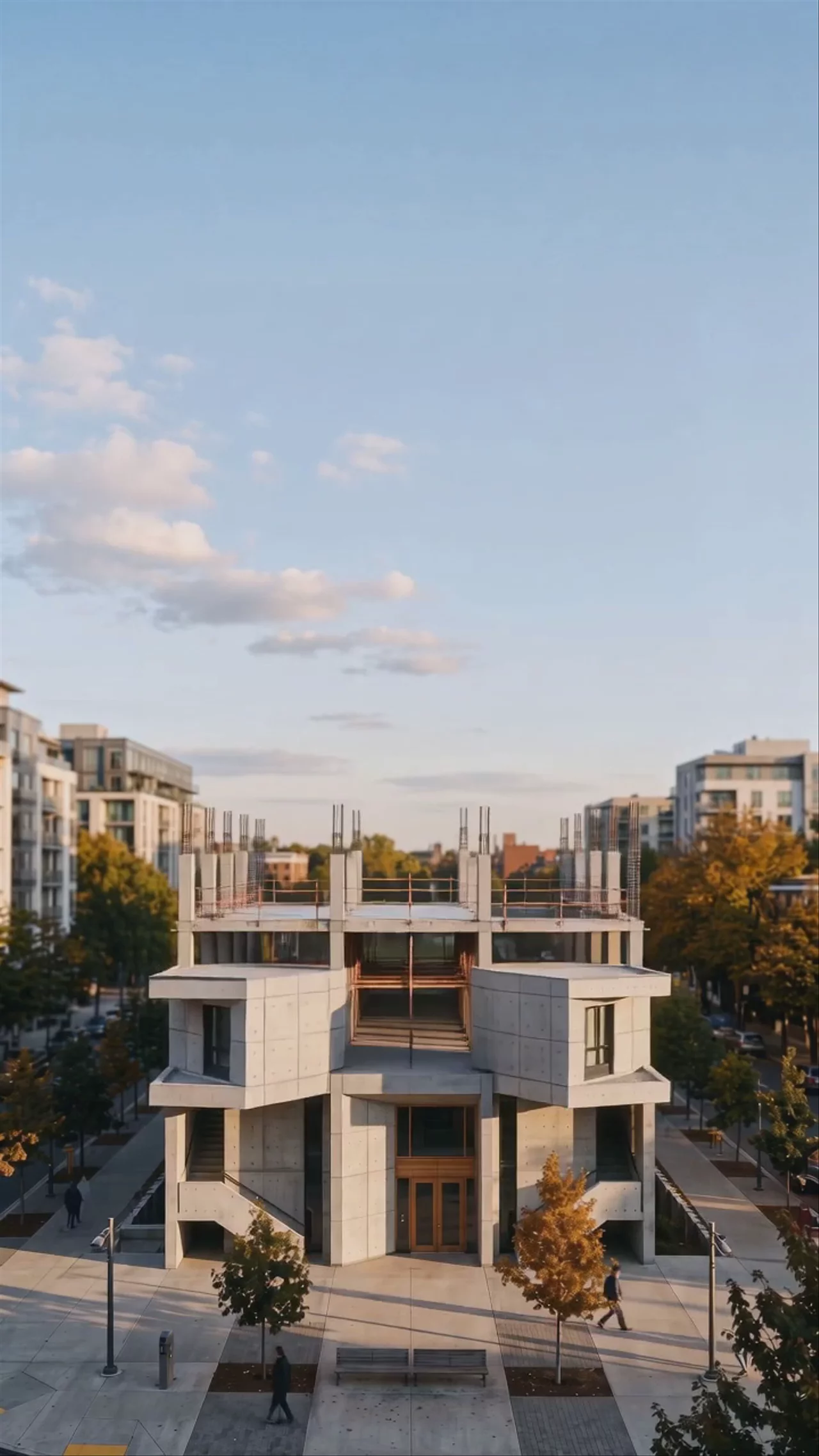 Animation Prompt: "maintain the camera position, timelapse of the concrete construction, building floor by floor with construction noises, motion blur on people"