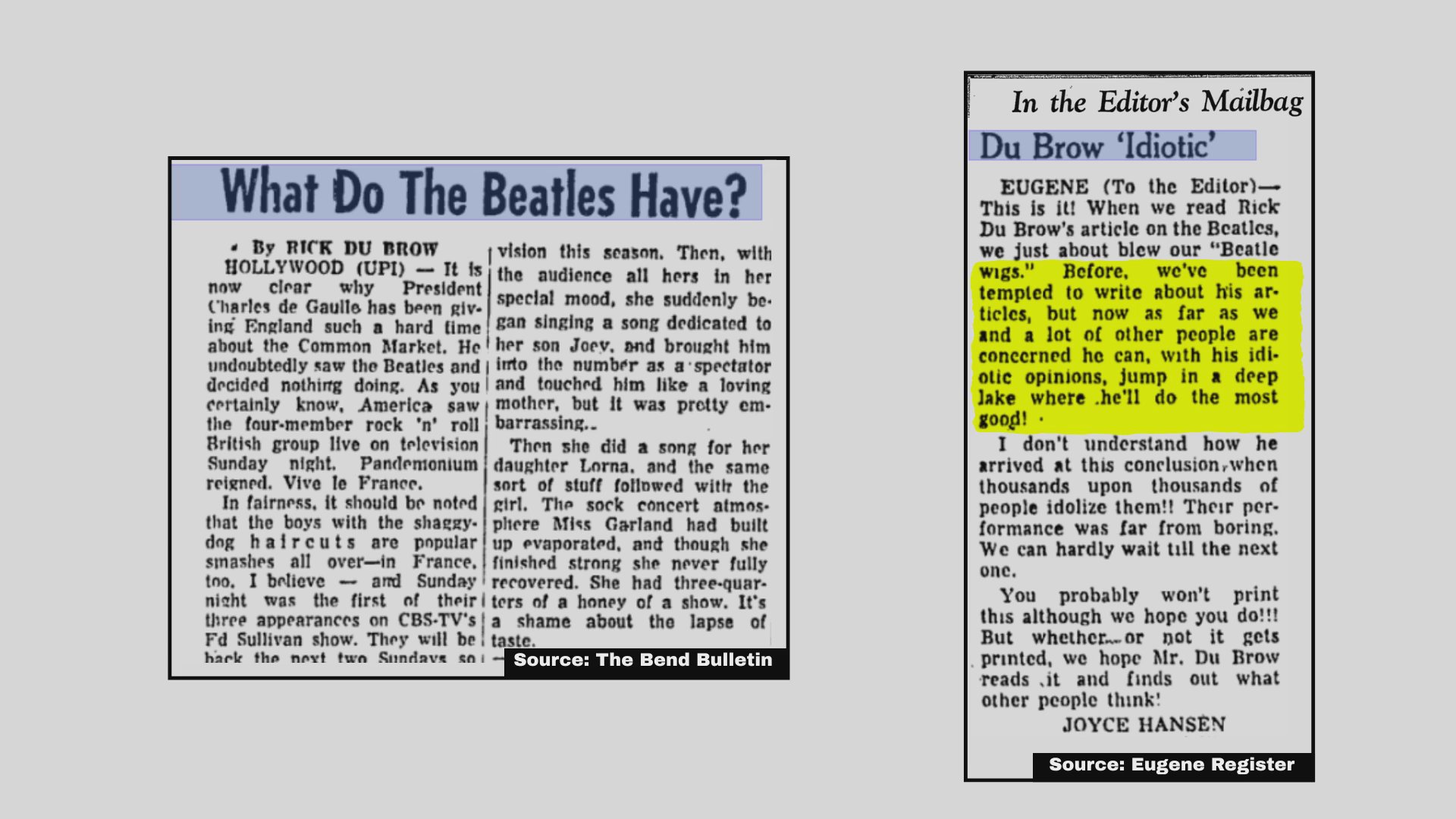 A newspaper editorial examines contemporary reactions to The Beatles and their television appearances. The text critiques critical perspectives found in letters to the editor regarding the band's cultural impact.