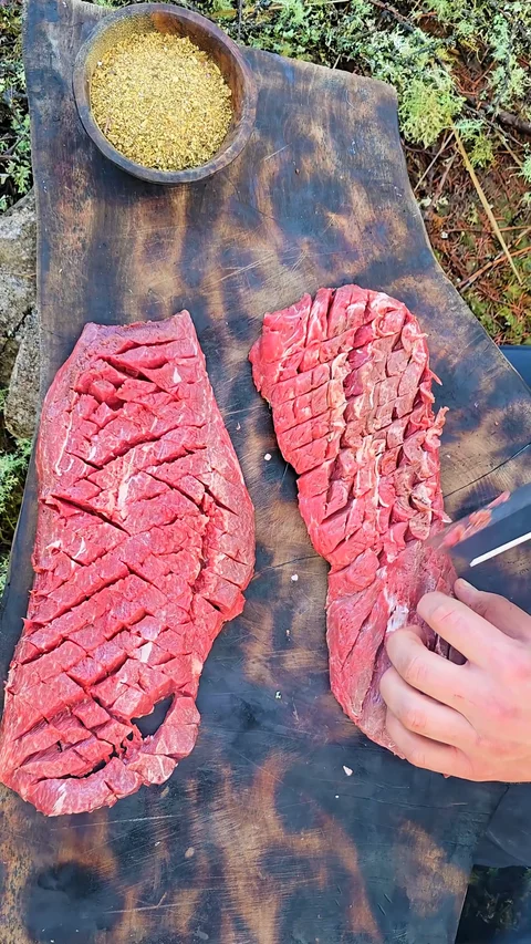Giant Skirt Steak cooked on HOT Stone