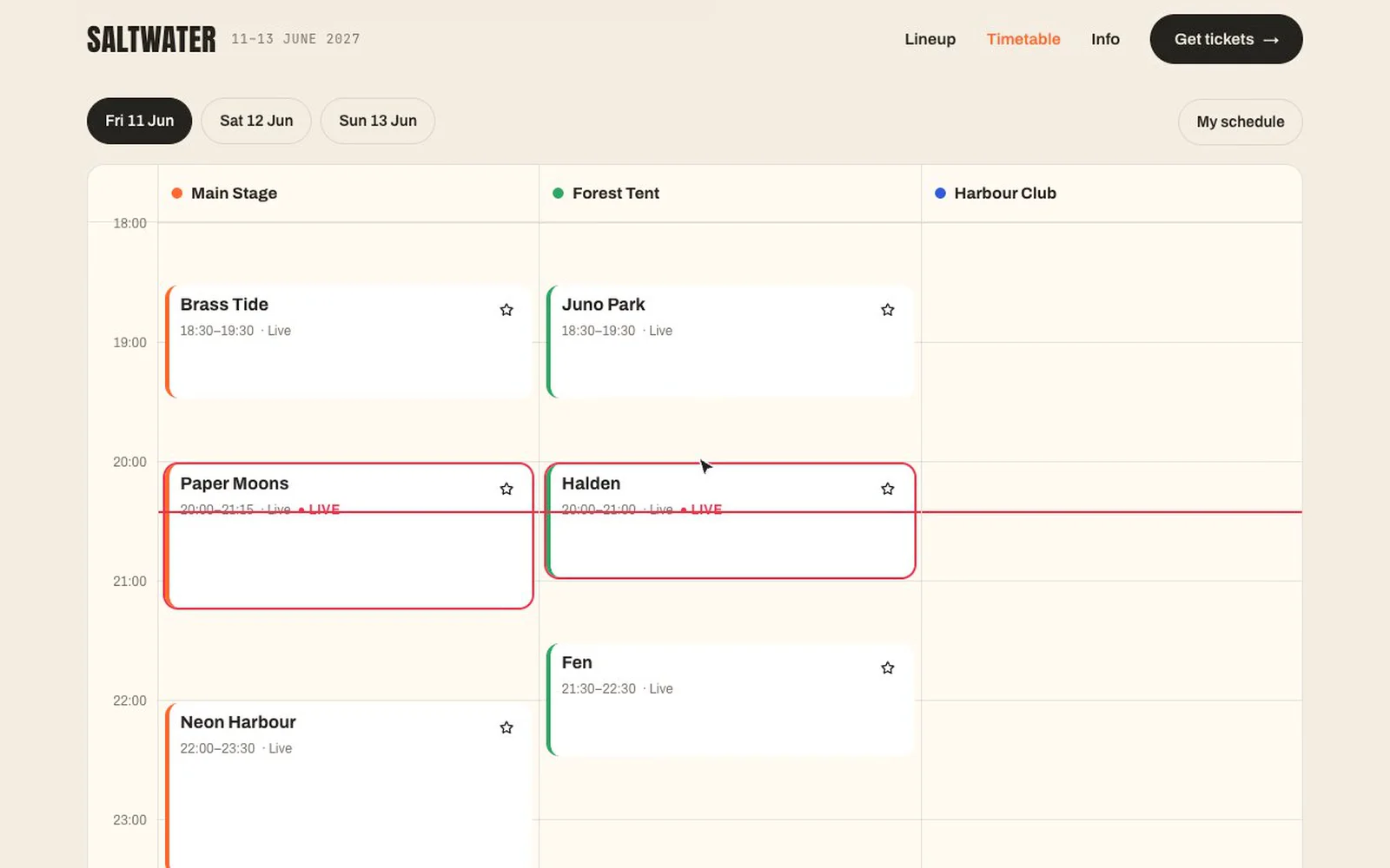 Built a festival template where the timetable actually works.Saltwater keeps the lineup in the CMS and builds the timetable from it. Visitors star the sets they want, see when two picks clash, and add the whole plan to their calendar in one tap. The now line and LIVE labels follow the venue's time zone, and sets after midnight stay on the right night. On phones it turns into a list.Live demo: https://saltwater-festival.framer.website