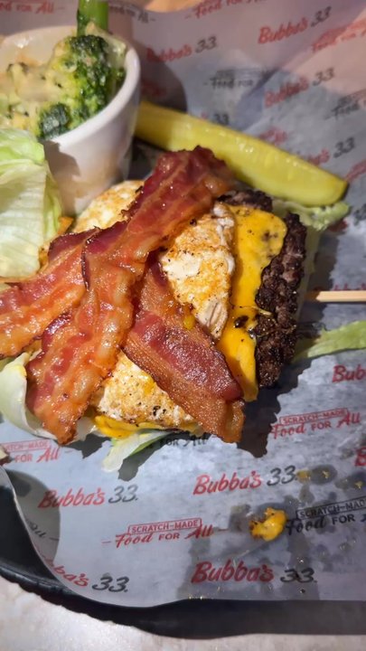 Bubba's 33 - Cheese burger with bacon and fried egg as add on's. - Bars Near Me - Lubbock, Texas