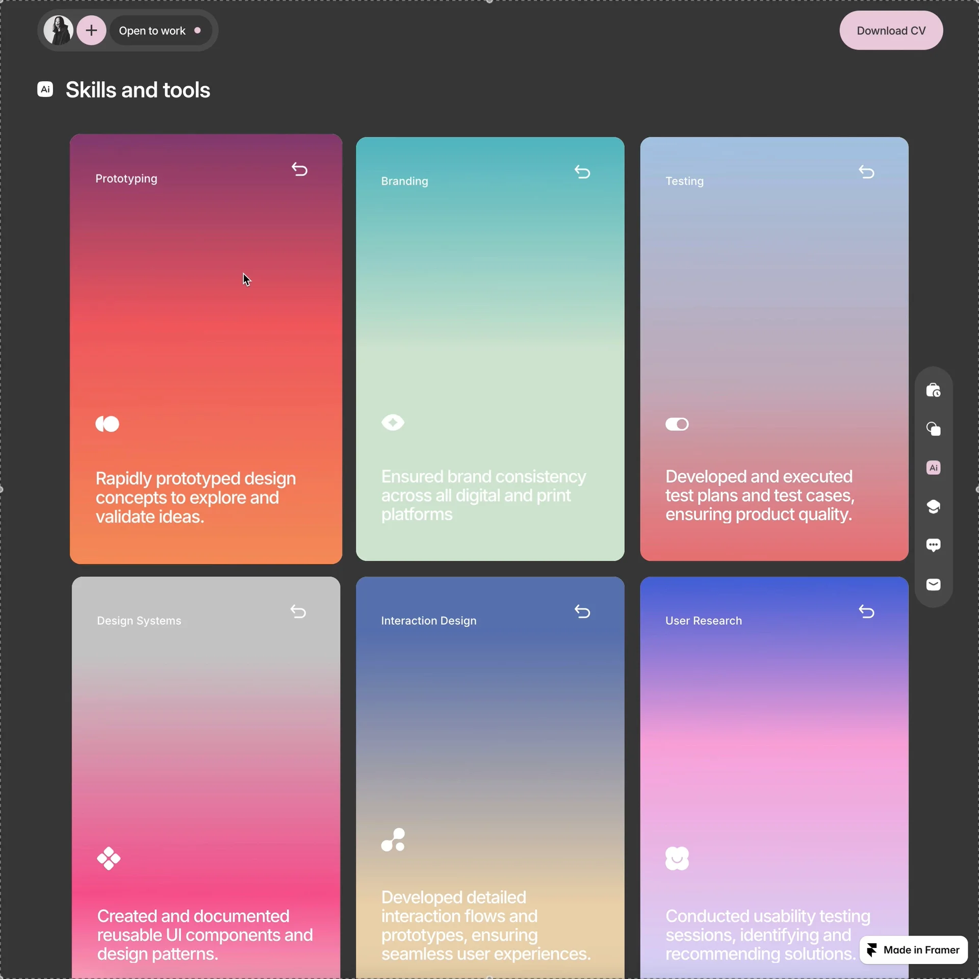 MIU — Skills &amp; ToolsYour skills shouldn't read like a checklist.A portfolio needs to communicate more than finished projects. It should also give people a sense of your expertise and how you approach the work.With MIU, the Skills &amp; Tools section keeps that information organized without turning the experience into a traditional résumé.Show what you bring to the work, not just what you know.