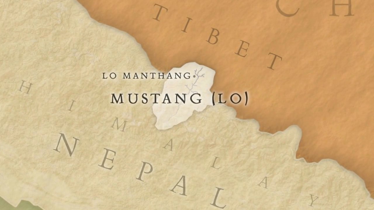 The presentation provides a geographical context for the Mustang region of Nepal, transitioning from a landscape perspective to a map-based analysis before introducing Prince Jigme Singi Palbar Bista.