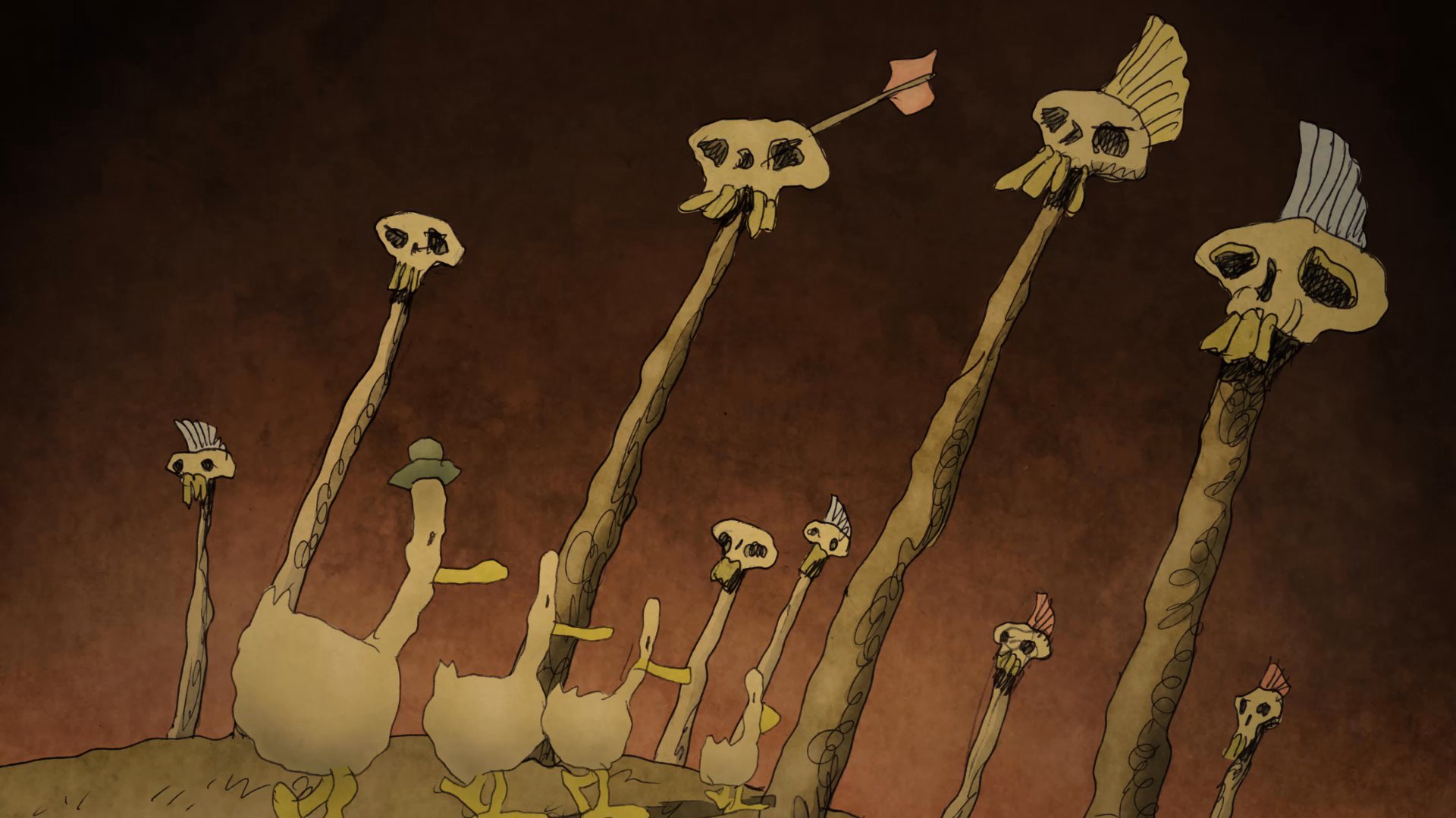 A group of ducks journeys through a surreal, bleak landscape filled with skeletal structures and ominous markers before arriving at a large, imposing wooden door. The animation style emphasizes a somber, mysterious atmosphere as the ducks navigate this desolate terrain.