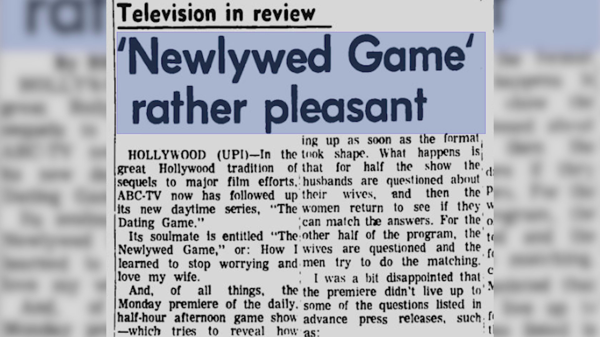 Historical newspaper clippings present critical reviews and coverage of television programs such as The Newlywed Game. These articles analyze the cultural impact and reception of popular broadcasting during the era.