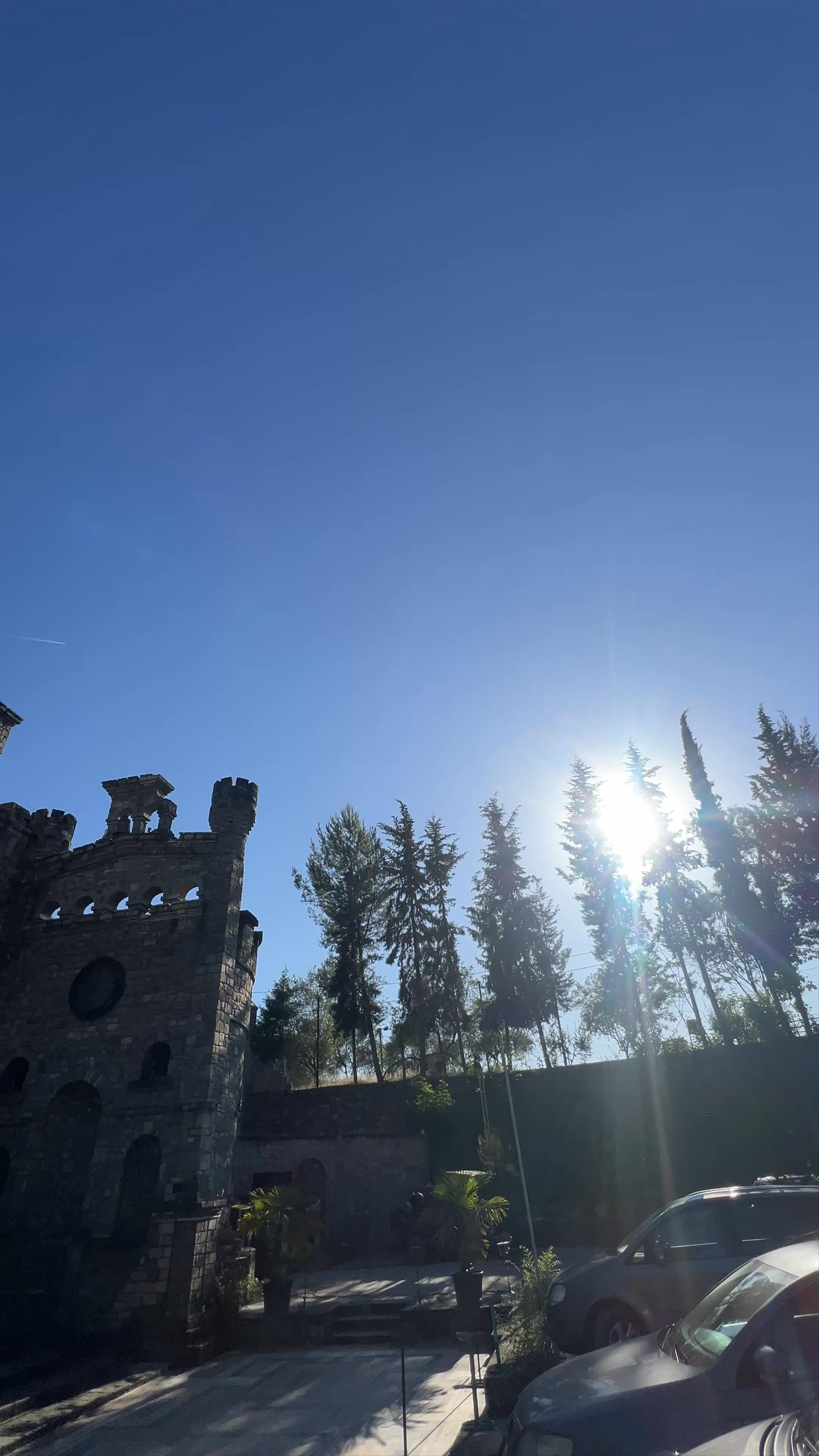 Sunlit Stone Castle and Towering Pines in Tirane, Albania