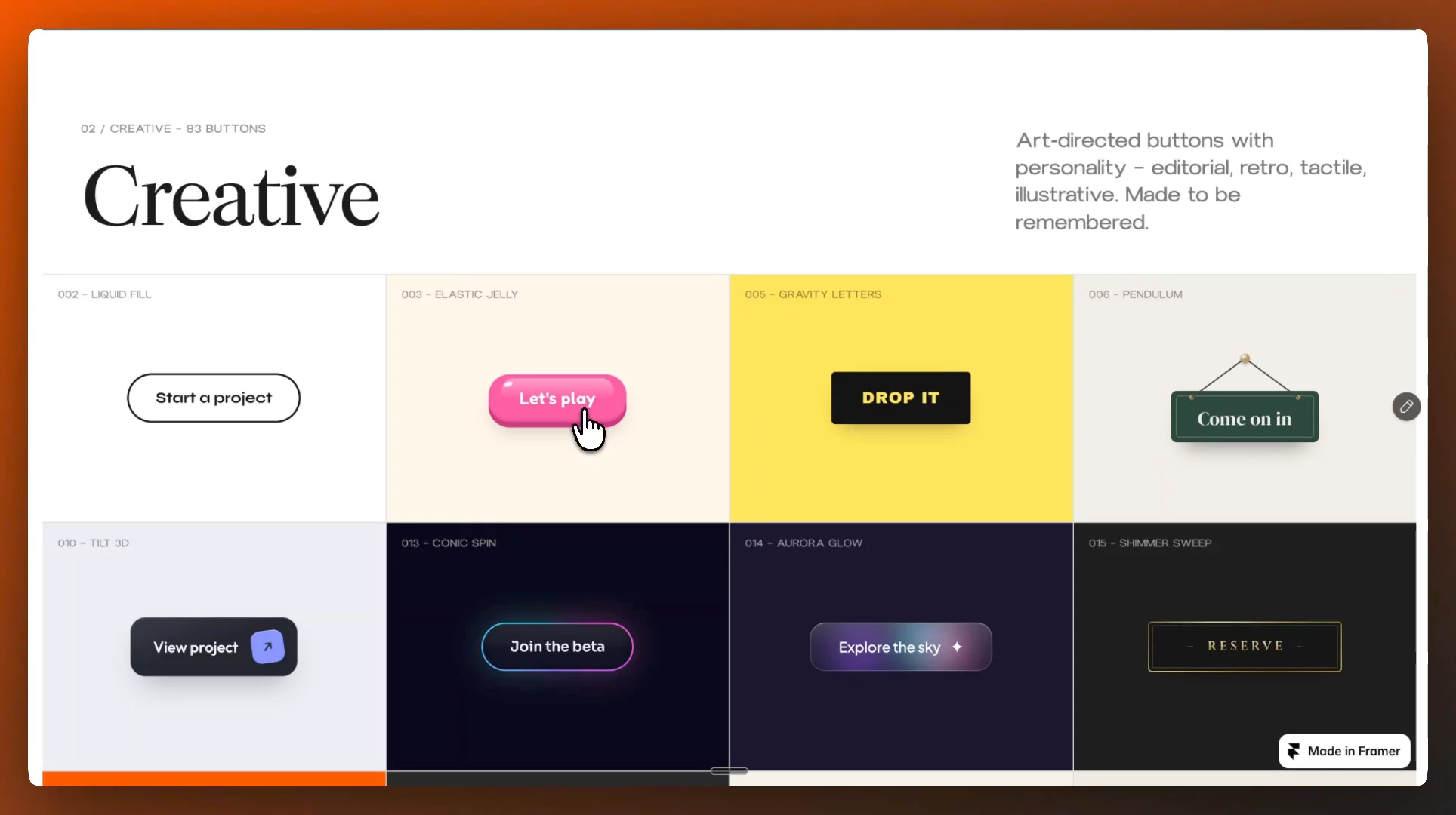 200 Buttons is live. My own button library for Framer: 200 code components in three flavours: Clean Corporate, Creative and Experimental. Try them live, they're way more fun to hover than to look at FIRST TEN BUYERS get a $20 discount using this code: AXMZK3OA