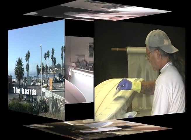 An artisan meticulously shapes a custom surfboard inside a professional workshop, contrasting traditional techniques with a nostalgic backdrop of coastal life.