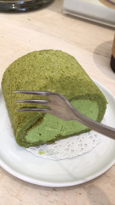 Hanamizuki Cafe - First bite ($6 green tea roll cake) - Cafes Near Me - New York, New York