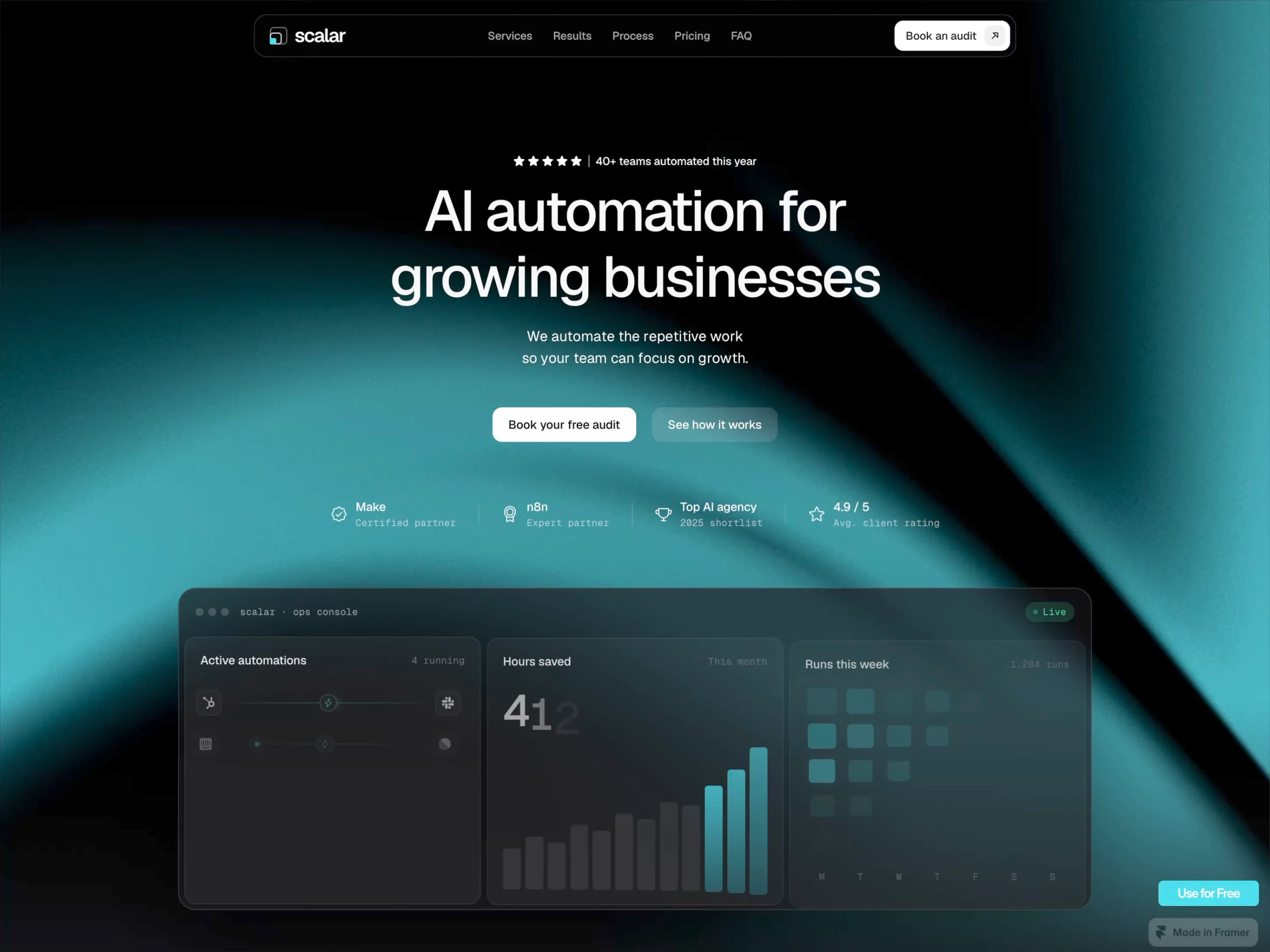 I rebuilt Scalar from scratch.The first version didn't land the way I wanted, so I started over.A free dark Framer template for AI automation agencies.Link below.