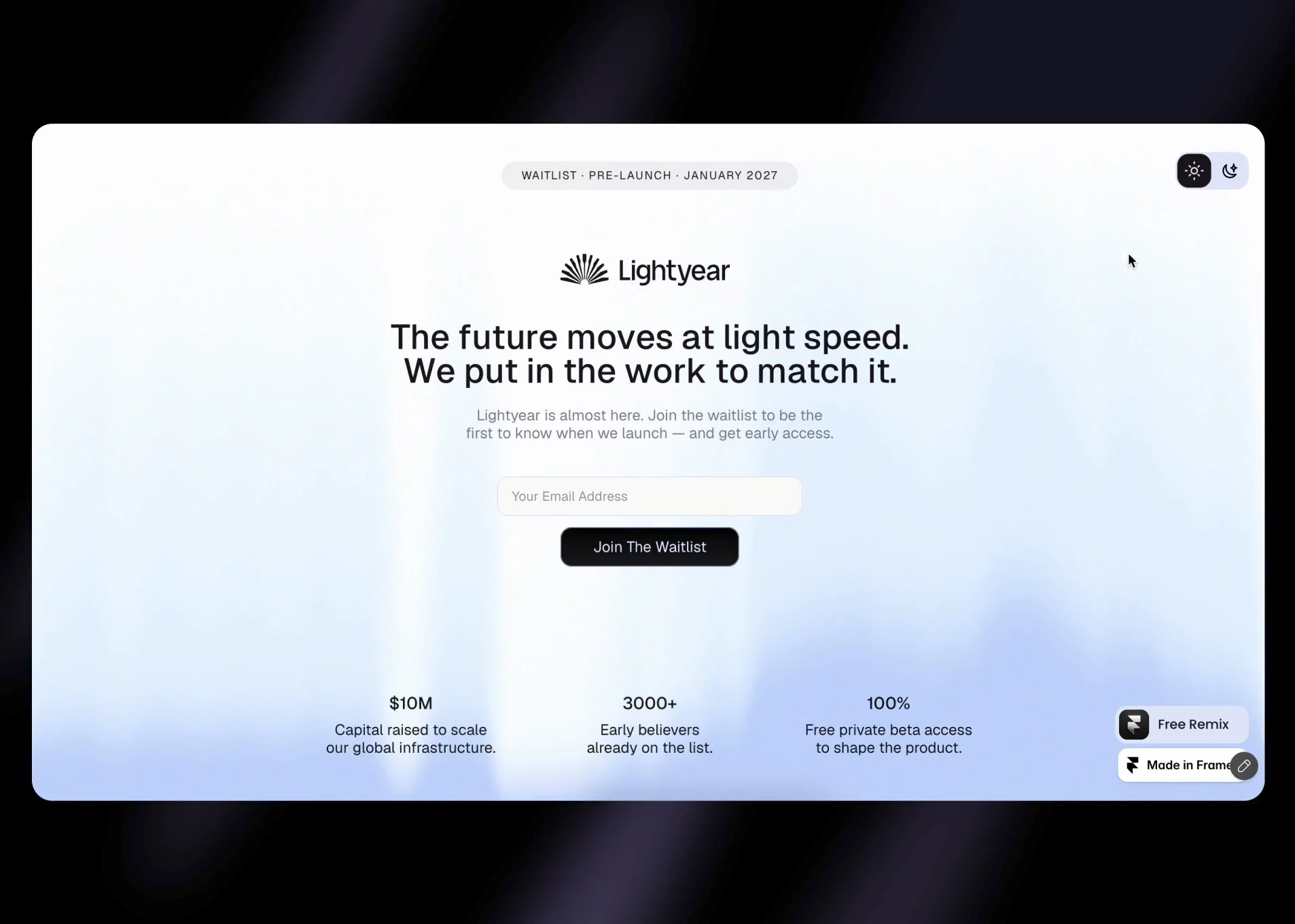 ⚡Our Lightyear Waitlist just got a Light theme, so there's even less for you to customize if that's the vibe you want! Go check it out, it's totally free!Free Remix 👉 https://framer.link/h9U4C14