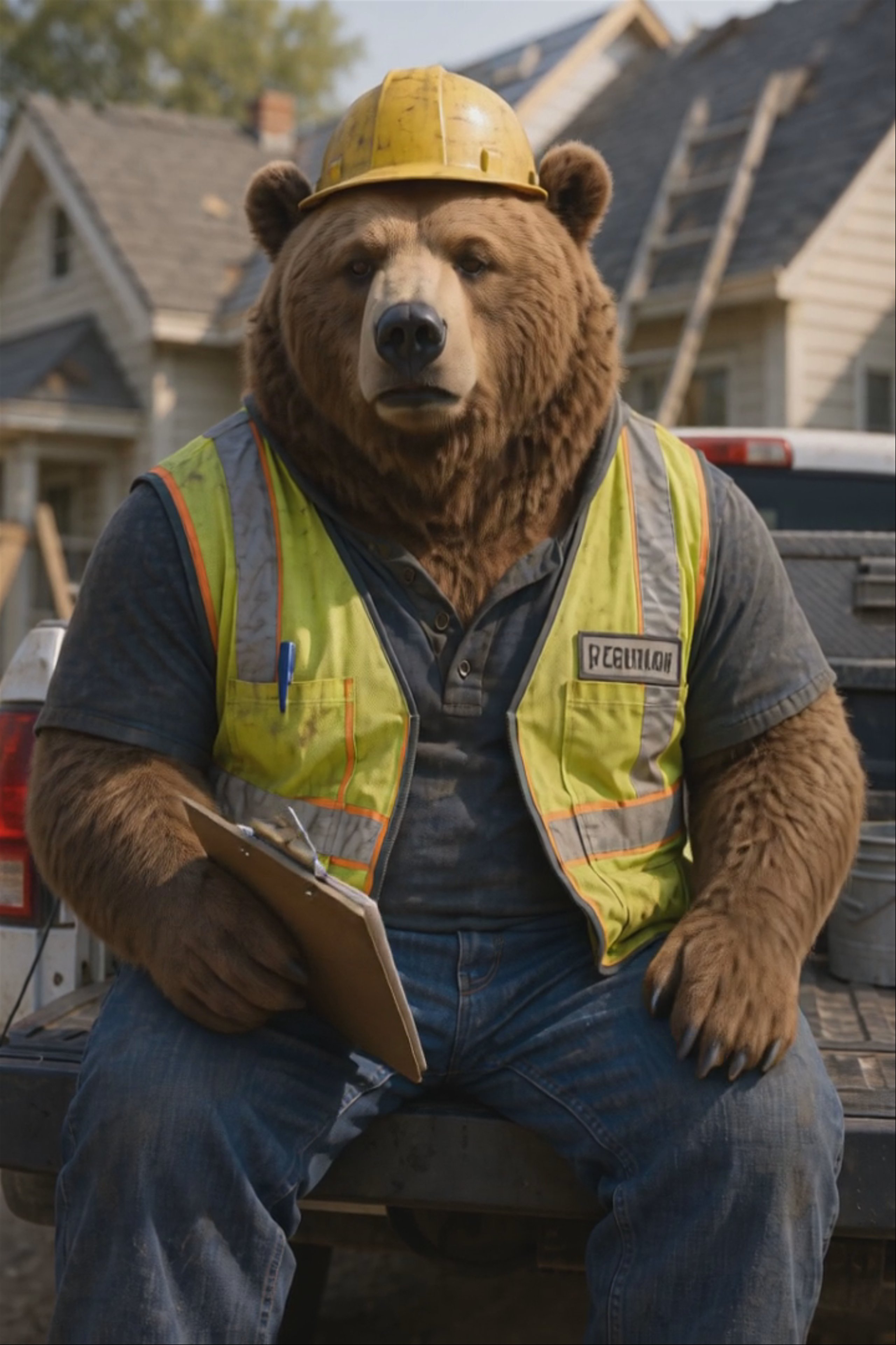 A widescreen 1080x720 seated talking-animal video of a large bear in a work shirt, delivering a gruff, matter-of-fact roofing estimate to camera. Generated from a still image and an audio track using Hedra Character 3.