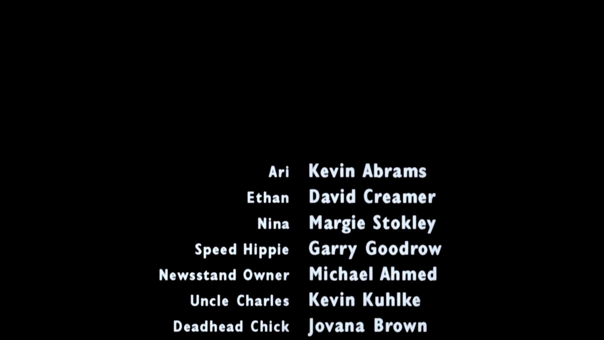 Scrolling text displays the production staff and cast members involved in the creation of the film. This segment serves as the concluding credits sequence, systematically listing the contributors to the project.