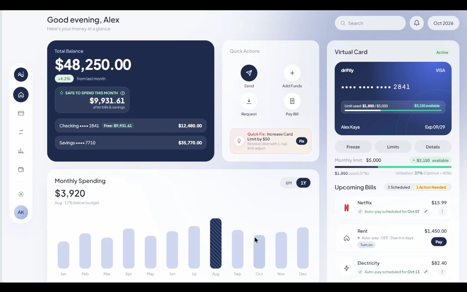 Most banking apps dump numbers on a screen and leave the mental math to you.  Seeing a $48k balance means very little when you're busy calculating upcoming rent, bills, and monthly savings in your head.  A few interaction details from this concept:  • Safe to spend: Deducts upcoming bills and savings targets upfront. You see the cash you can actually spend today.   • Contextual error handling: When a charge fails (like the Uber payment here), it shows why the card limit blocked it and offers a 1-tap fix.   • Calm automation: Turning on auto-pay for rent confirms the exact debit date with an instant undo button.  Good software should do the calculating for you.