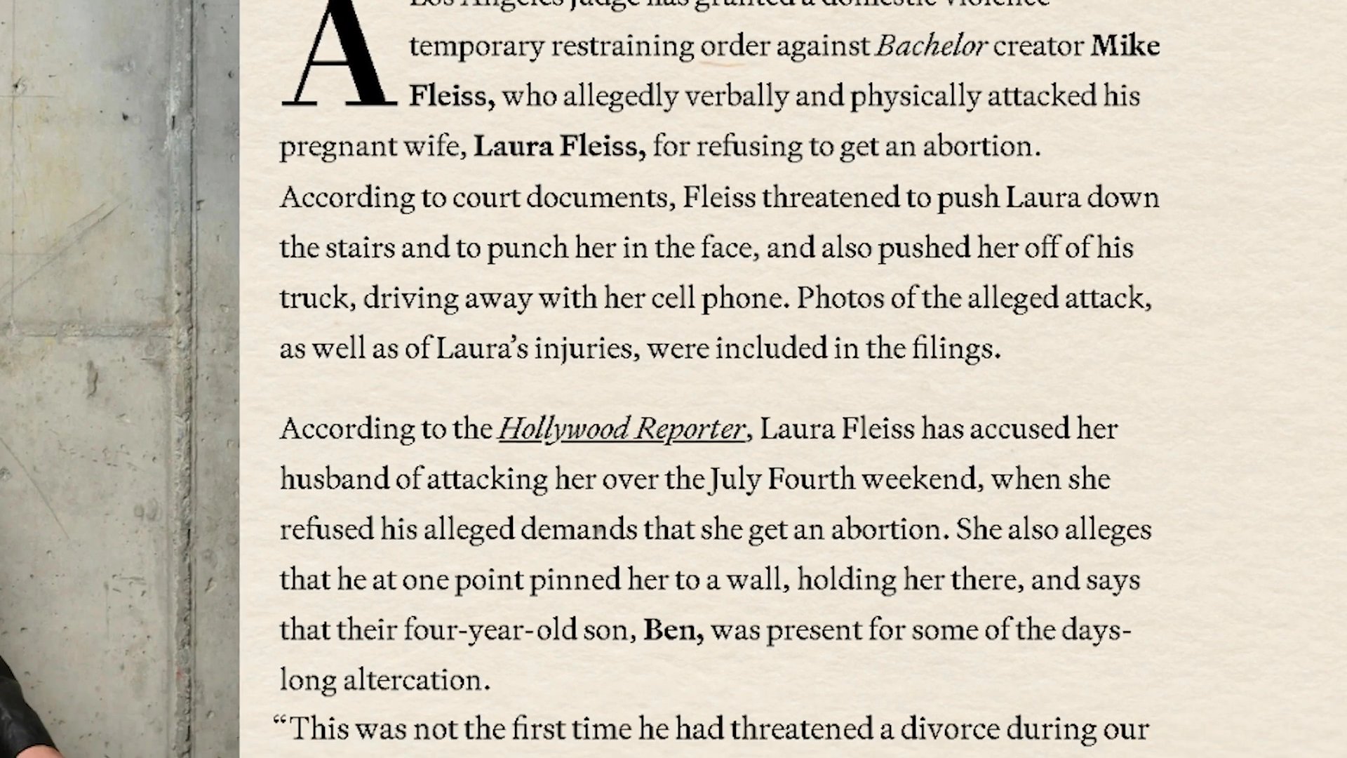 Media coverage reports on legal allegations involving The Bachelor creator Mike Fleiss and his wife, Laura Fleiss, following a request for a temporary restraining order.