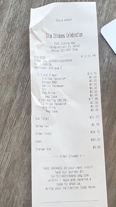 Slim Chickens - Receipt from Slim Chicken - American Near Me - Celebration, Florida