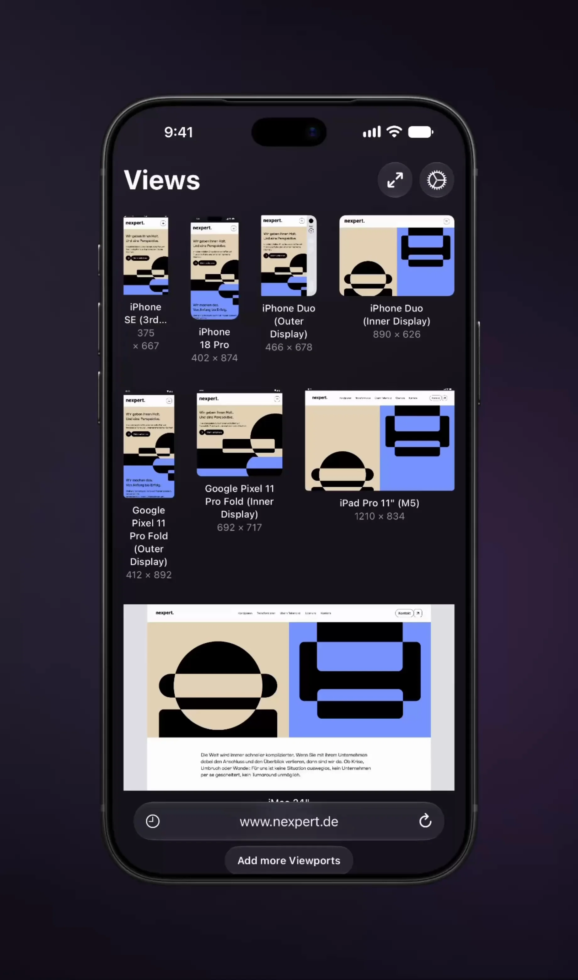 Views displays a website in multiple viewports side by side and switches from the overview to an interactive detail view. | Hypercode, Digital Product Studio, Cologne