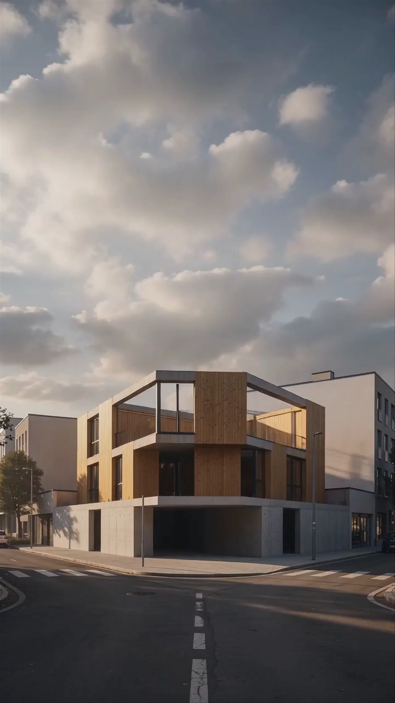 Animation Prompt: "maintain the camera position, timelapse of the timber and concrete construction, building floor by floor with construction noises, motion blur on people"