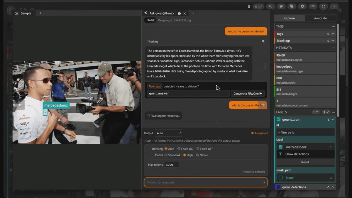 Qwen3.8-Max answering "who is the person on the left" for a Formula 1 paddock photo of Lewis Hamilton, with its reasoning trace shown in the FiftyOne chat panel.