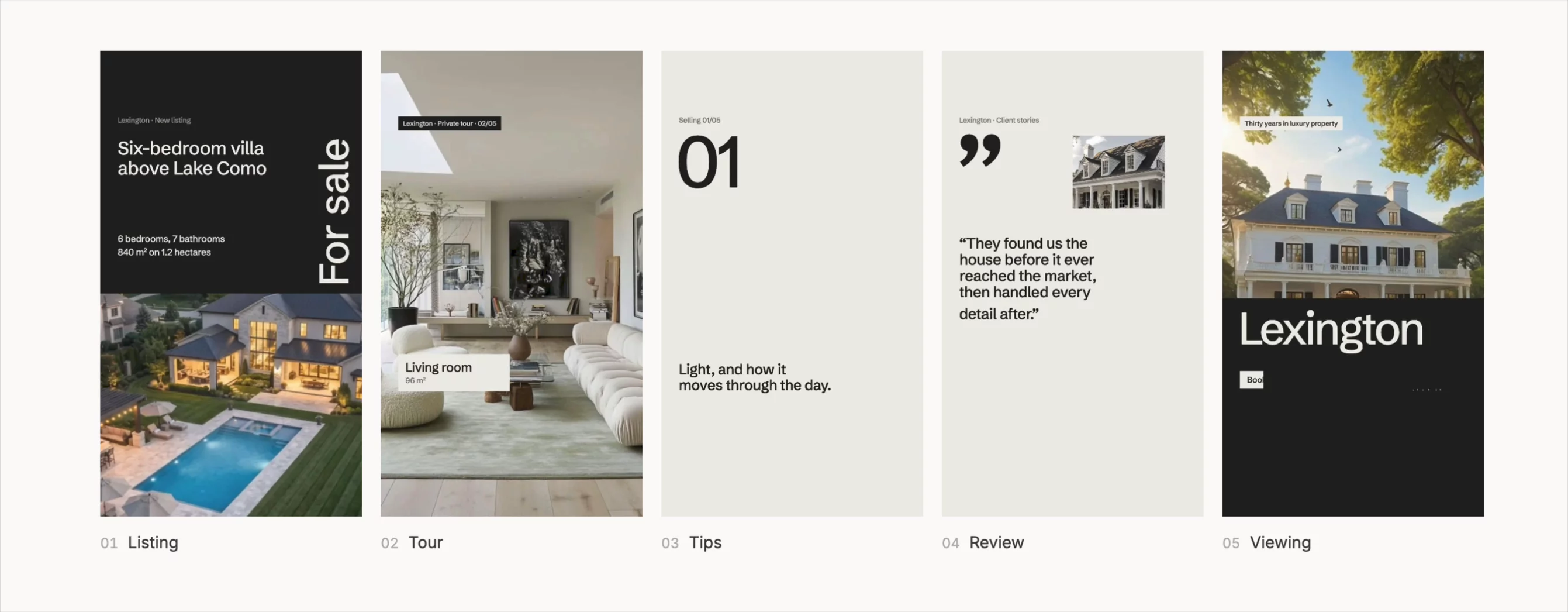 Real estate Remotion templatesFive reels for one listing: the price, the tour, the reasons, the quote, the viewing. Photos bloom from black and white.https://lexingtonthemes.com/remotion/estate-reel-templates