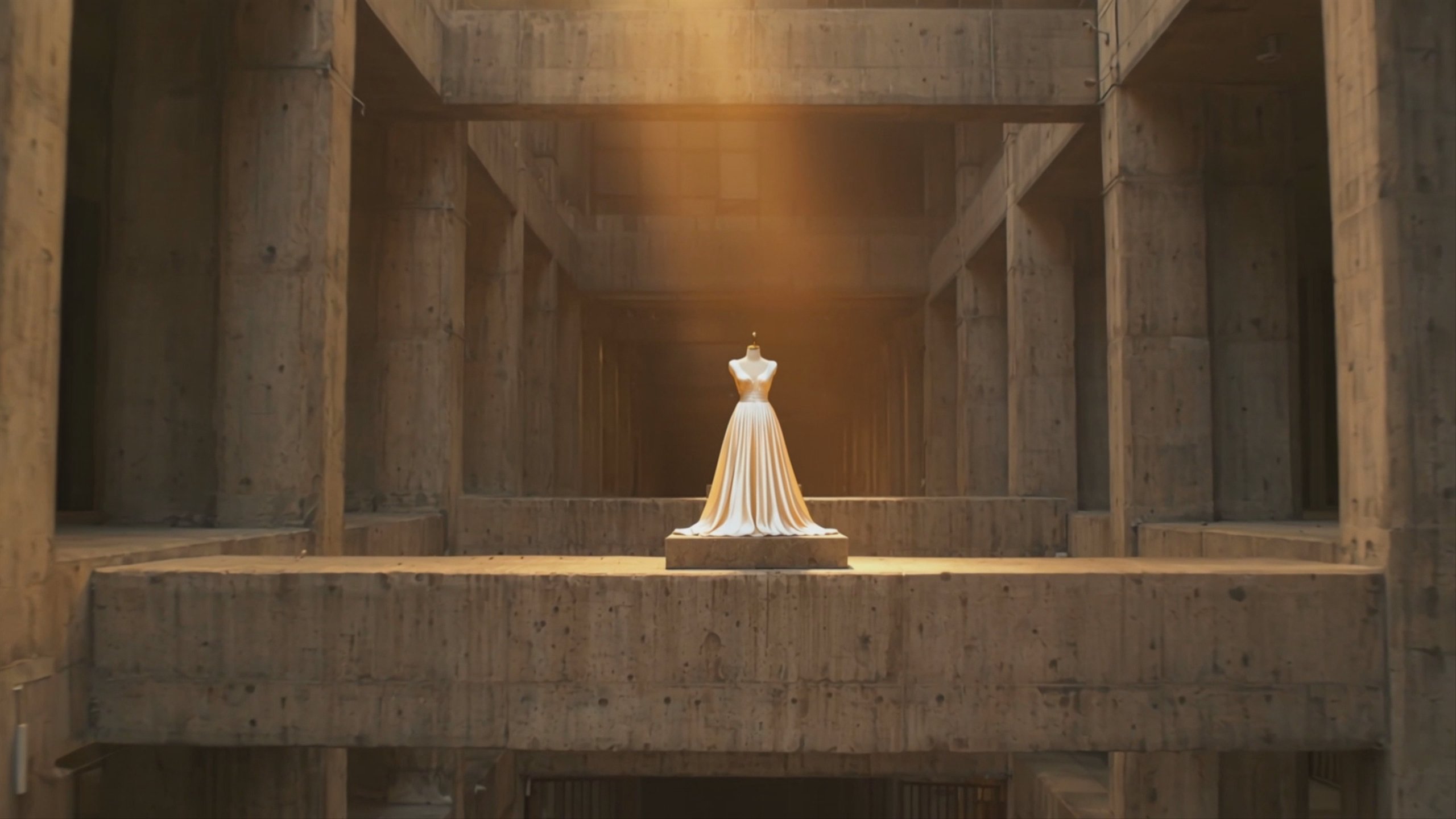 The brutalist-museum crane shot re-edited: the gown turned ivory pleated silk under golden-hour light.