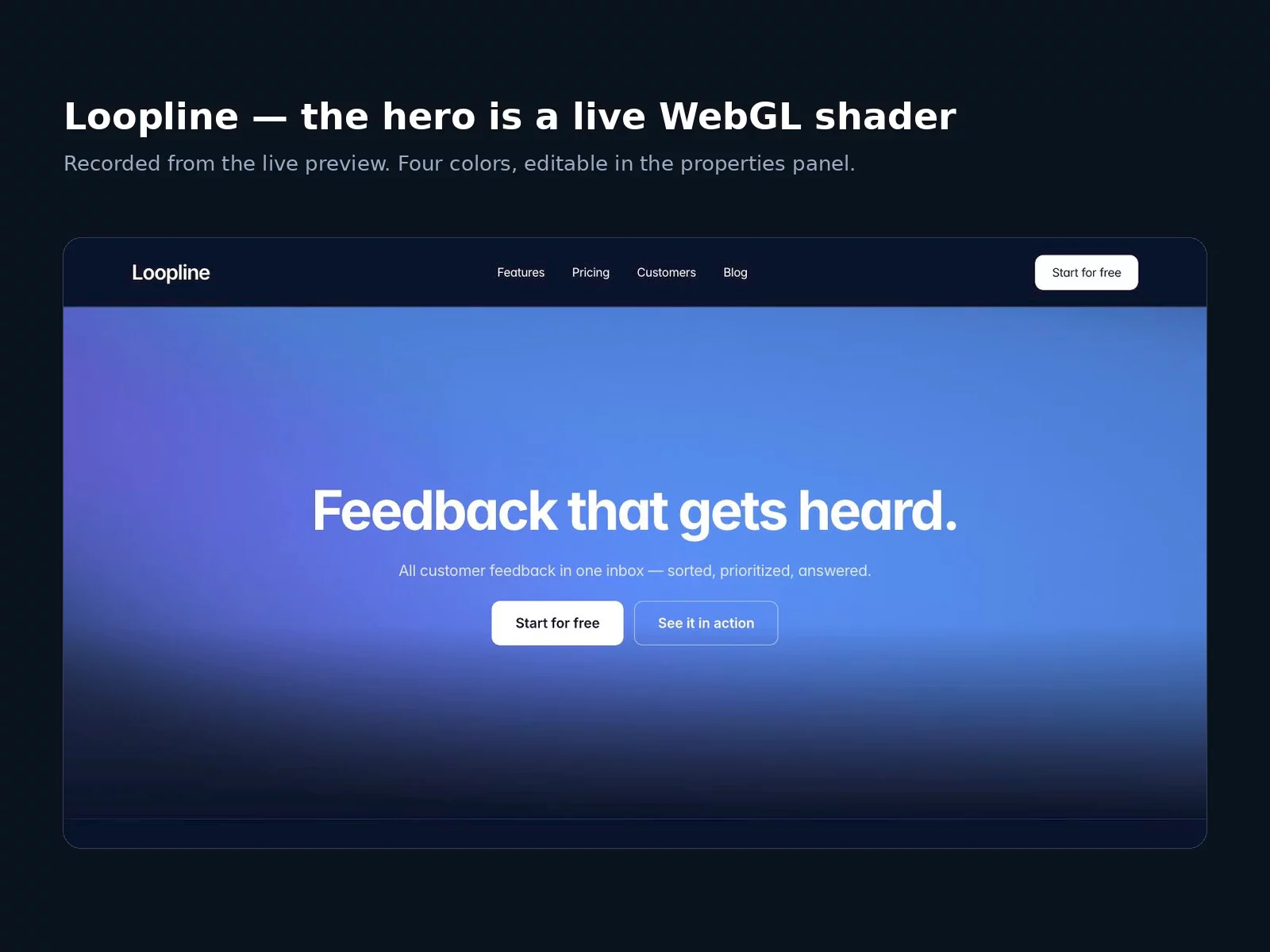This is a 20-second recording of Loopline's hero — but the hero itself isn't a video. It's a live WebGL shader, rendered in the browser. Change its four colors in the properties panel, no code.10 pages, CMS blog, 3D scroll showcase.https://sub.chujiqiqi.com/marketplace/templates/loopline/