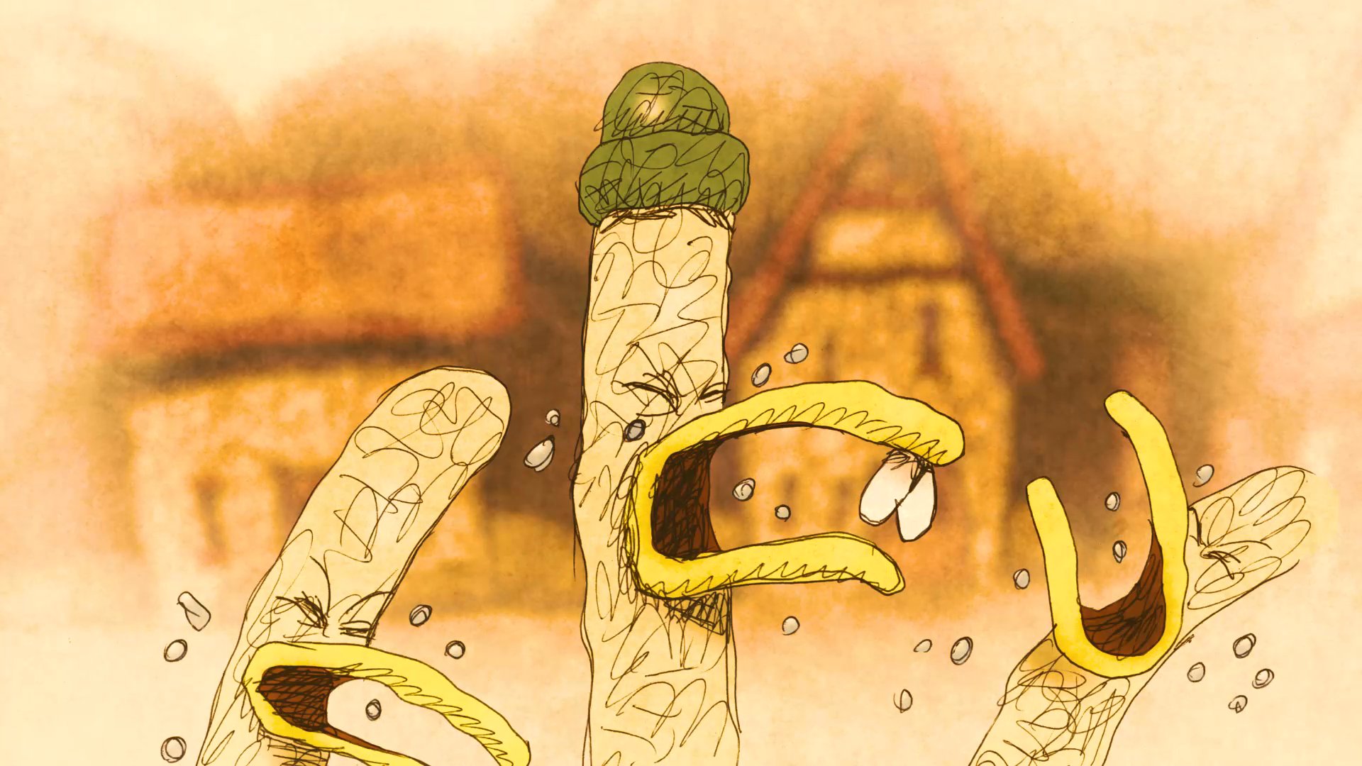 An animated sequence depicts a group of crocodiles singing in a swamp environment, interspersed with reaction shots of distressed frogs. The scene highlights a rhythmic, musical interaction between the swamp inhabitants.