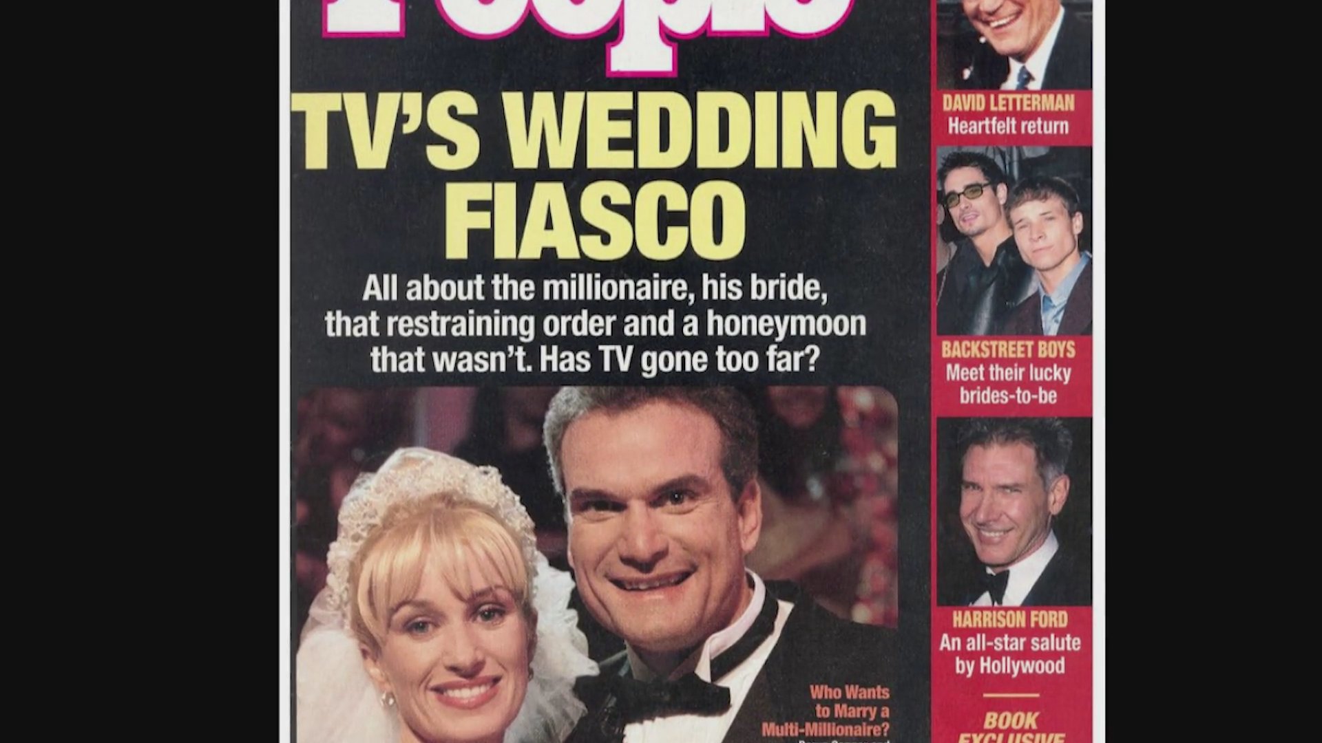 Various newspaper and magazine headlines document the public and media backlash surrounding the reality television program 'Who Wants to Marry a Multimillionaire'.