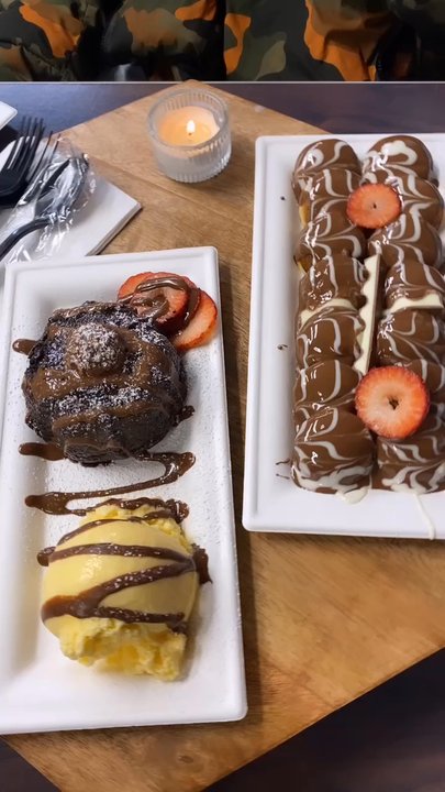One Million Cafe - The chocolate lava cake with ice cream and mini Nutella covered pancakes with strawberries - Coffee & Tea Near Me - Seattle, Washington
