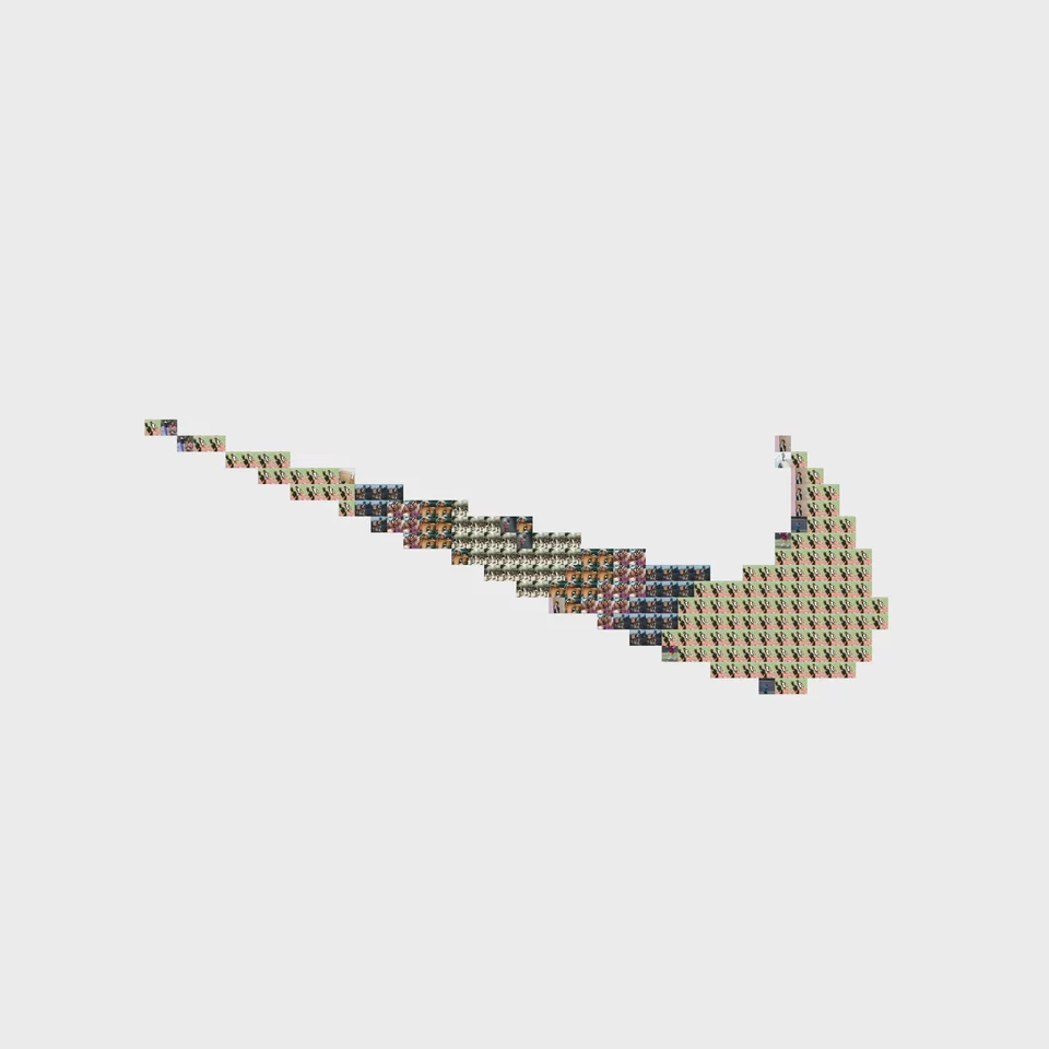 Video for Nike: A 3D Nike Swoosh rotates gracefully, its surface composed of thousands of images. Each pixel is a moment from amateur and professional athletes in action, celebrating the shared spirit of sport.