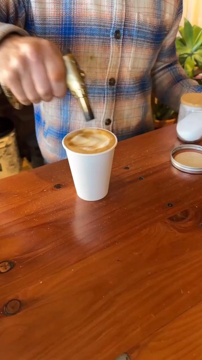 Cacti Coffee Roasters - Brûléed topping in action - Coffee Roasteries Near Me - Pismo Beach, California