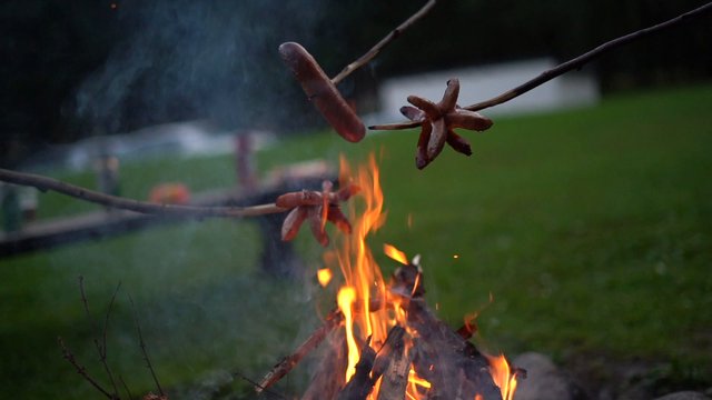 Cooking sausages over fire 