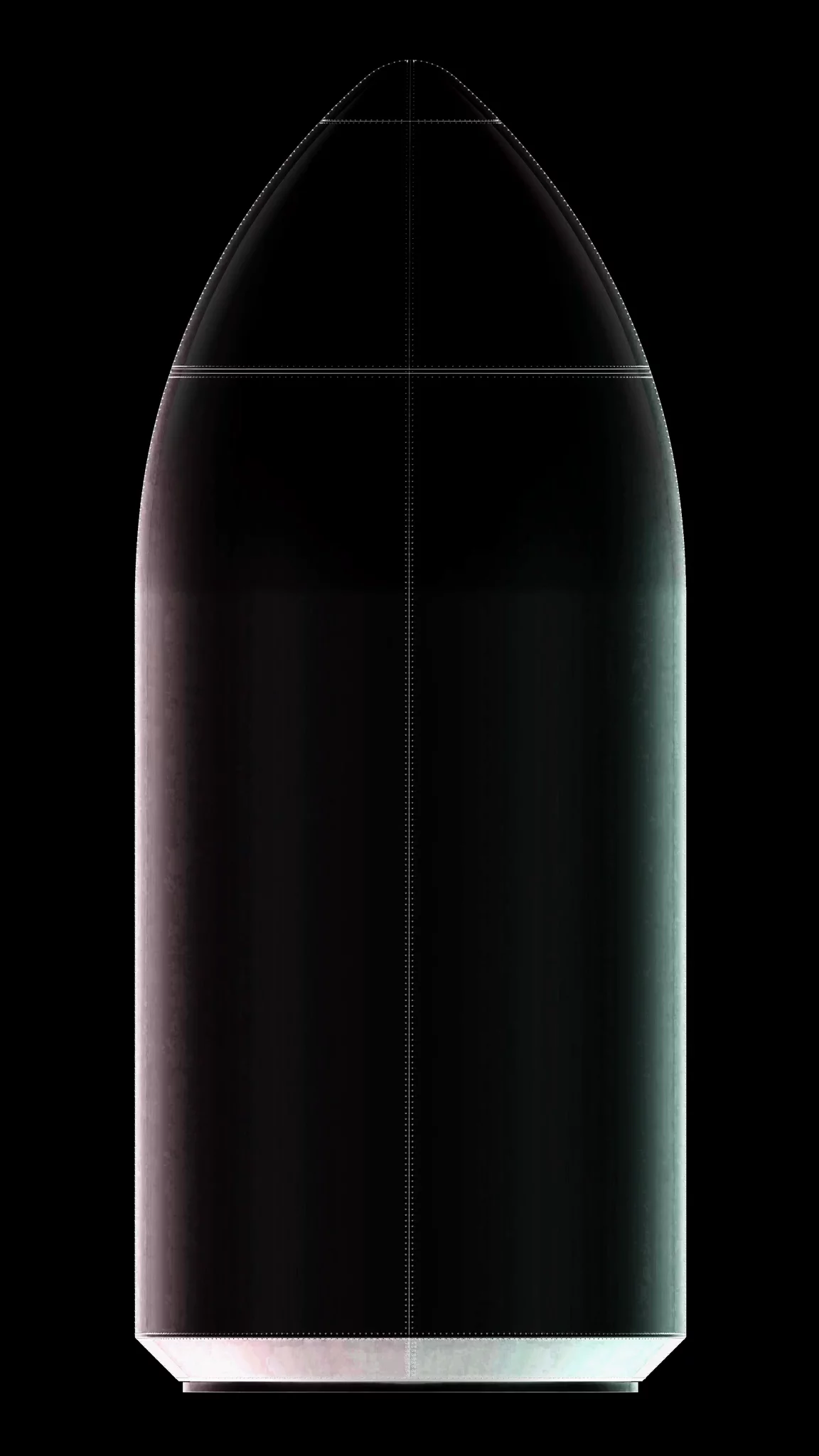 Near-silhouette rendering of the Nova Block 2 fairing against black: a smooth ogive nose cone with faint dotted seams marking where it splits.