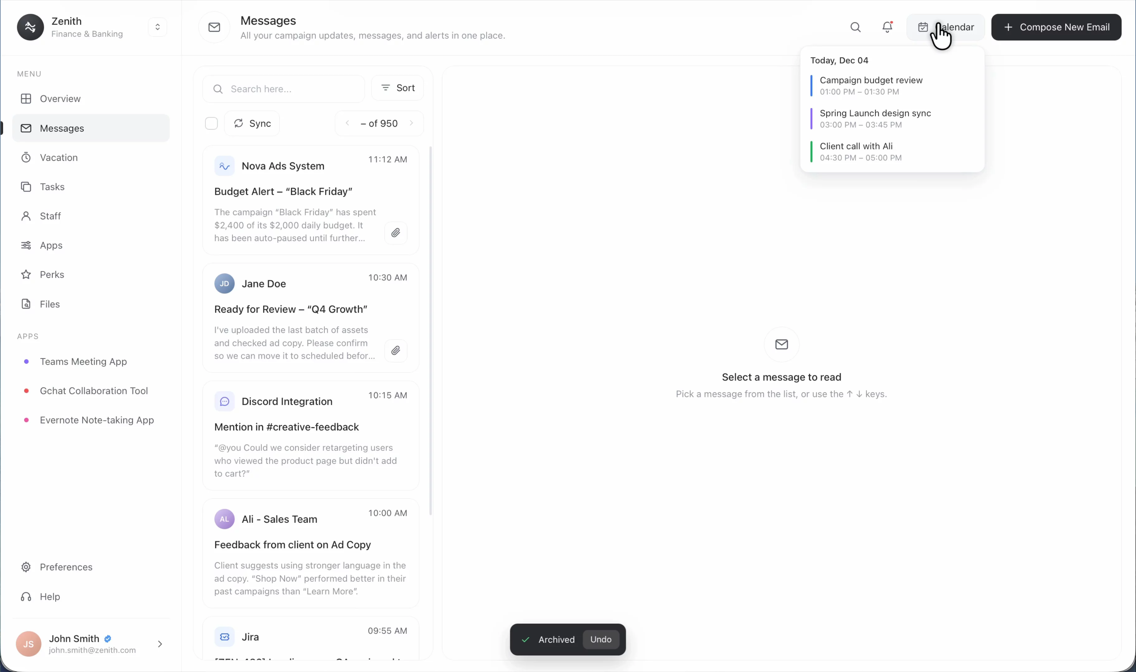 Mail Dashboard - Interaction