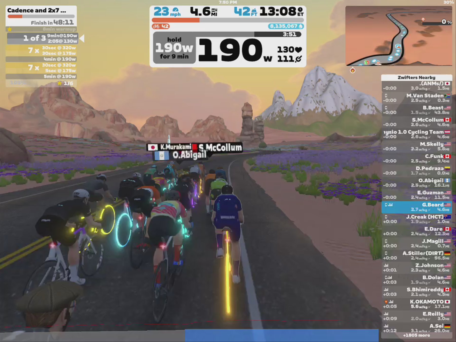 Zwift - Cadence and 2x7 min 30/30 On-offs in Watopia