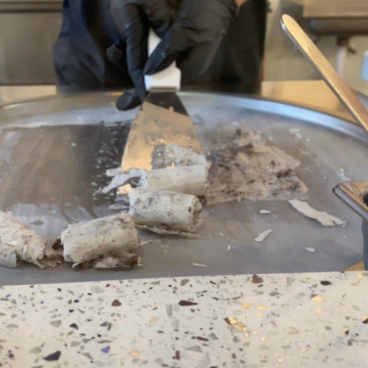 Totally Rolled Ice Cream - Watching vegan (cashew milk/cream) vanilla ice cream with mix ins being rolled - Ice Cream & Frozen Yogurt Near Me - West Des Moines, Iowa