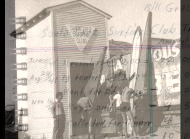 Black and white footage of the Santa Cruz Surfing Club exterior transitions into 1941 handwritten financial ledger entries. The presentation documents early club operations and member dues.