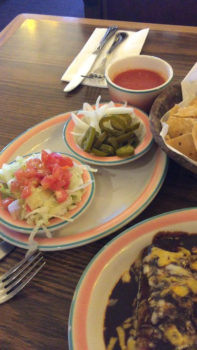 La Milpa - Chicken molé enchiladas with beans and rice and a side of salad and onion with jalapeños. Chips and salsa and pico de gallo on the side. - Mexican Near Me - Milpitas, California