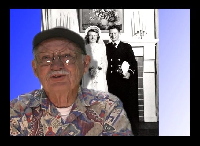An elderly man discusses a vintage black-and-white wedding photograph while sitting in front of a blue backdrop. The visual composition transitions from the man's live interview to a full-screen view of the historical image, emphasizing themes of memory and personal heritage.
